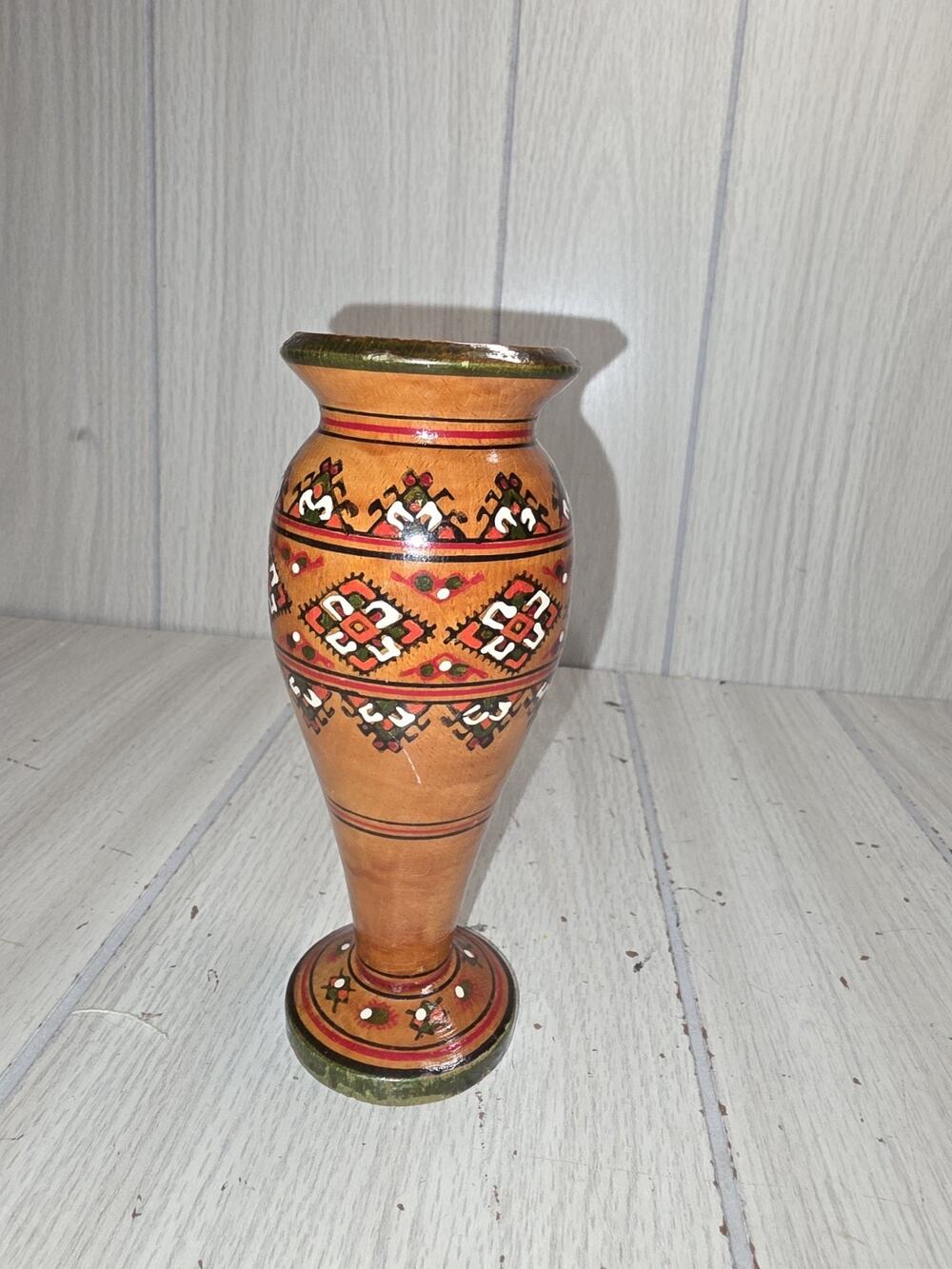 Vintage Unique Ukrainian Handmade, Hand Painted Vase From Natural Hardwood